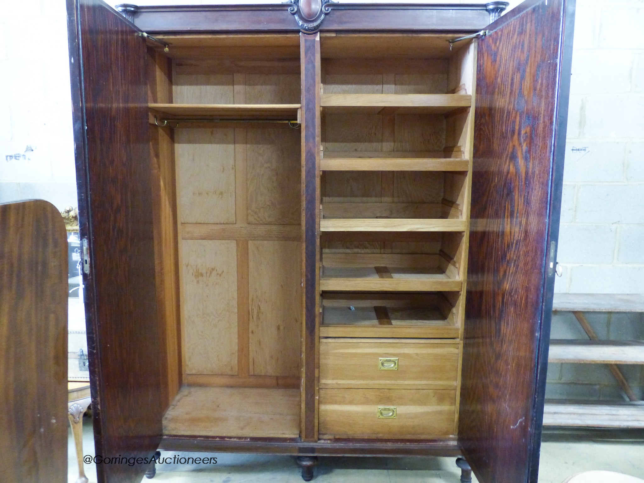 An early 20th century continental mirrored mahogany wardrobe. W-160, D-55, H-219cm.